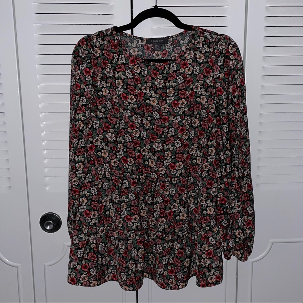 Primark | Floral | Puff Shoulder | Long Sleeve | Peplum | Top | Size 2